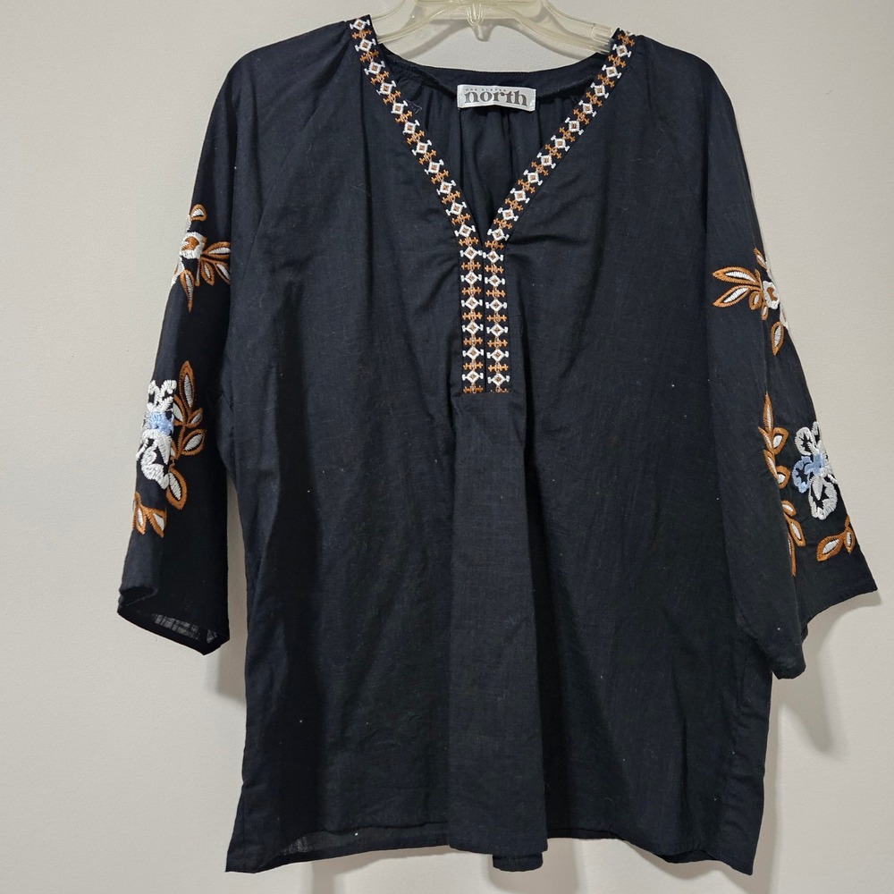 One Eleven North Womens XL Black Cotton Embroidered Floral Peasant Blouse Top
